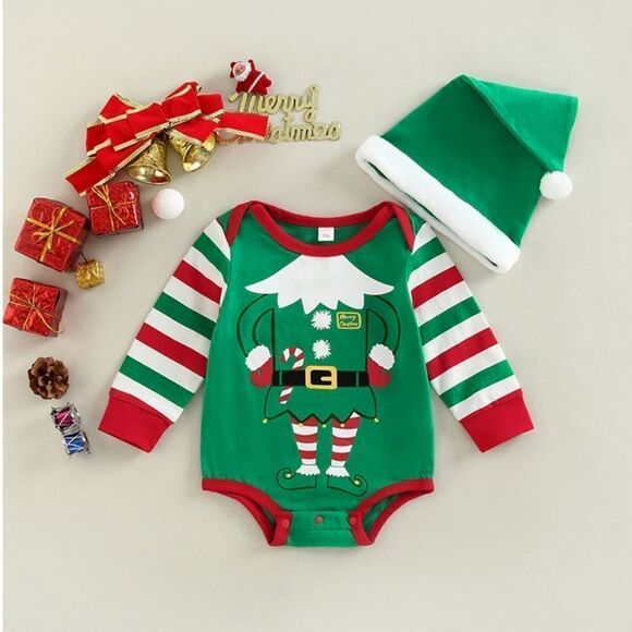 NWT Baby Elf Suit Romper Set and Santa Hat - Picture 4 of 12